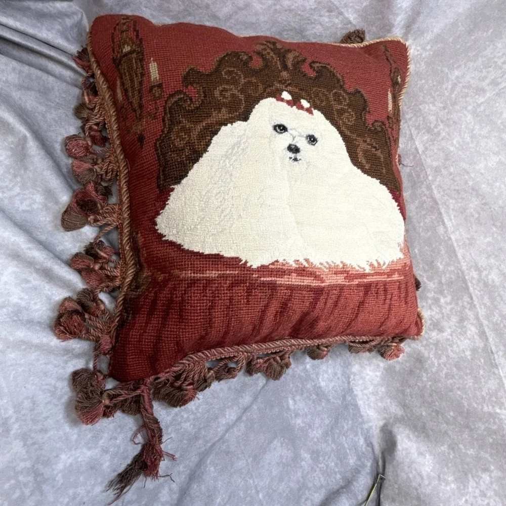 Vintage Handmade Needlepoint White Dog Maltese 15